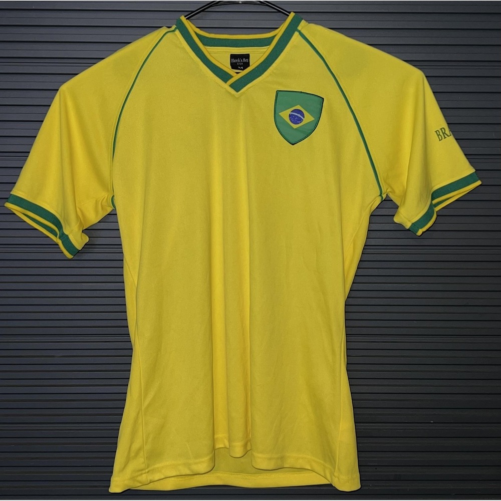 Brazil Soccer Jersey Mens Medium Yellow Hawk's Bay Brasil Flag Graphic Tee